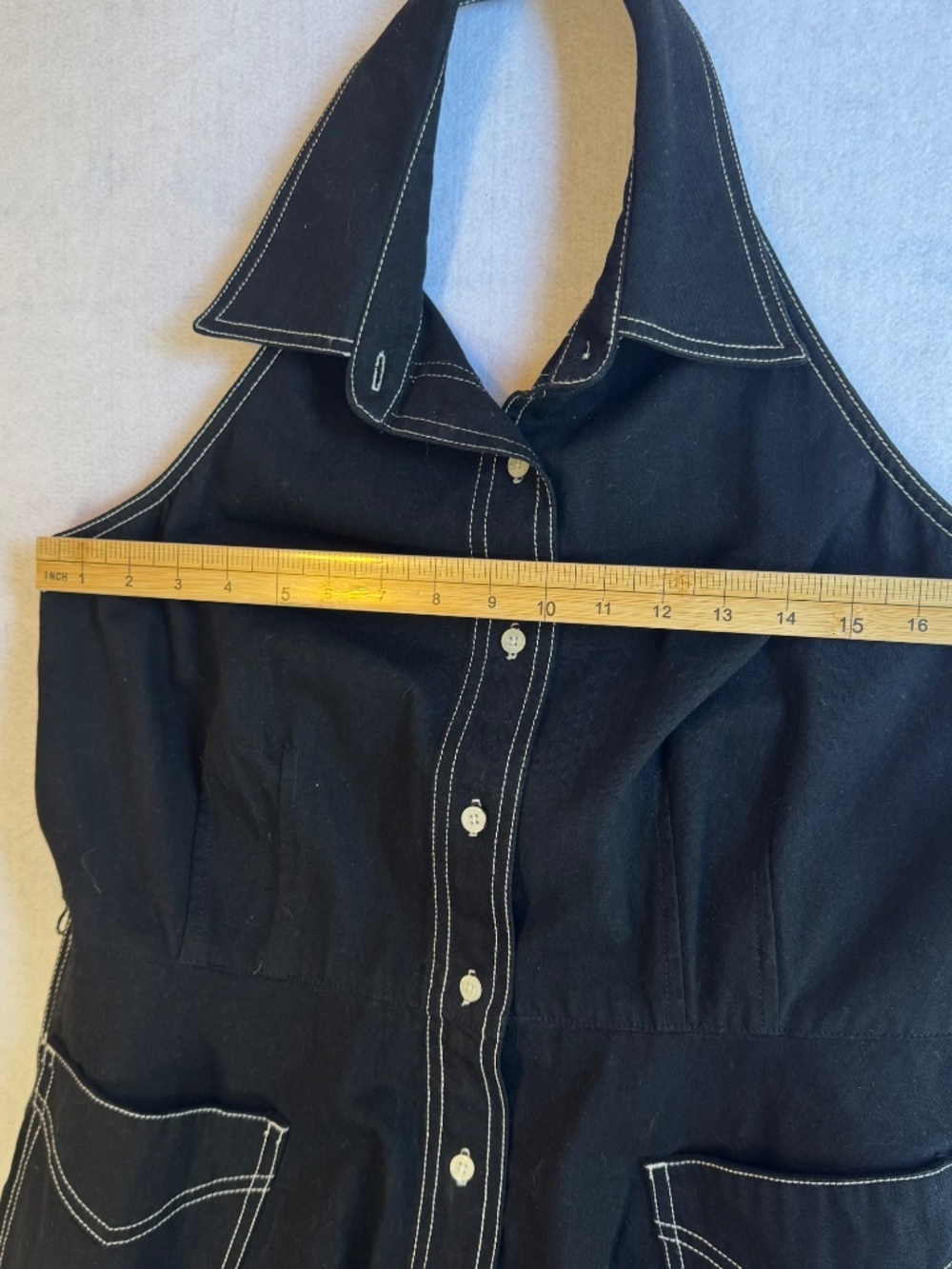 Vintage Ralph Lauren Black Denim Sleeveless Halter Midi Dress with Pockets Sz 16 - Picture 8 of 13